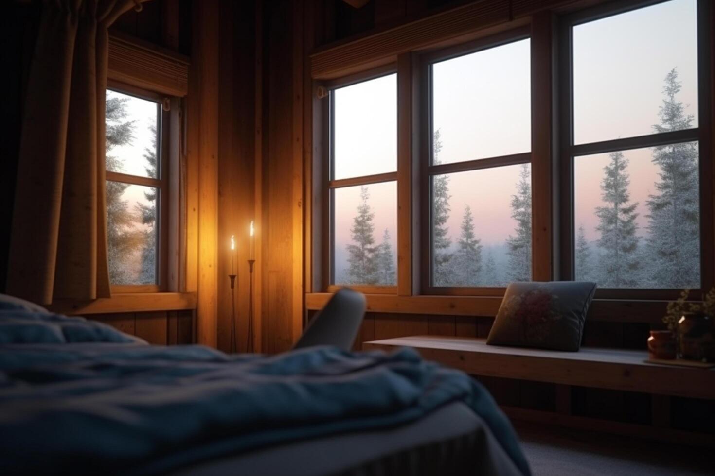 Mañana ver desde moderno de madera cabina hotel habitación con vista a boscoso montañas ai generado foto