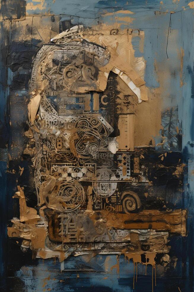 Industrial Fusion A Captivating Large Canvas Painting with Collages, Paint, and Blue-Sepia Hues photo