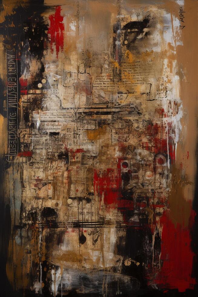 Industrial Reverie A Captivating Collage of Red and Sepia in a Large Canvas Painting photo