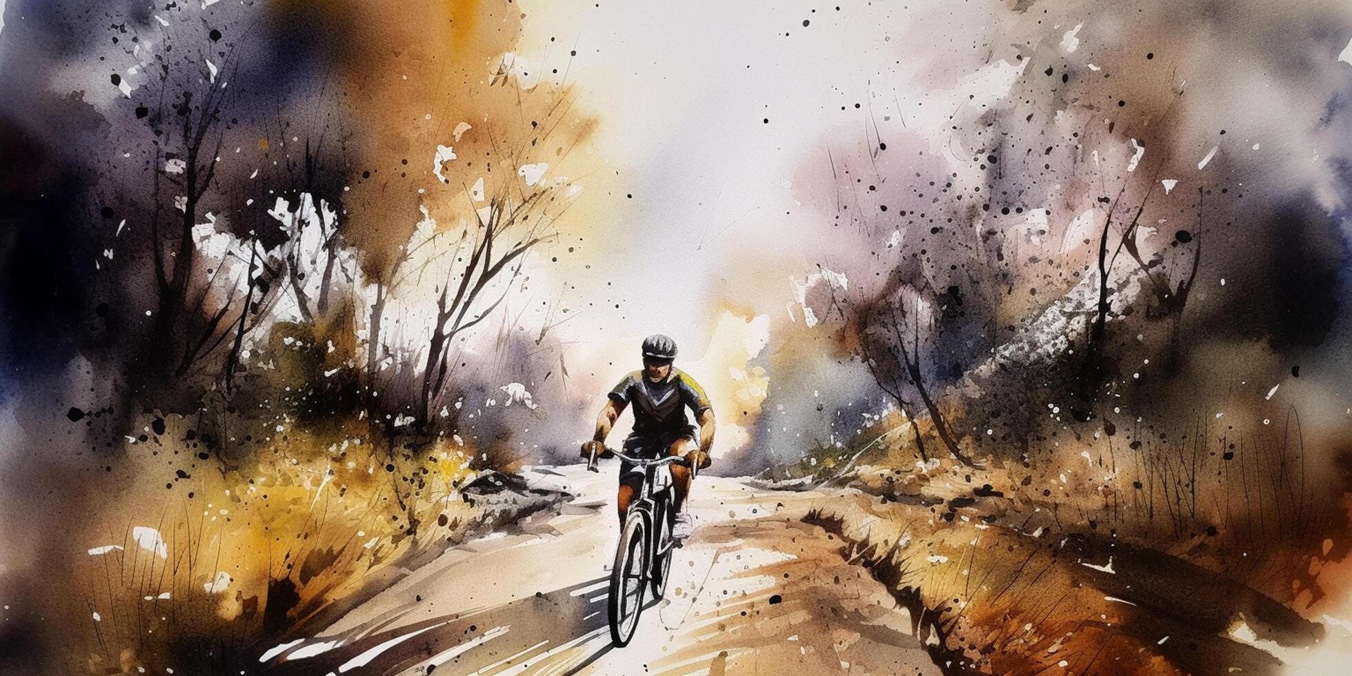 Thrilling Descent An Abstract Watercolor Depicting a Mountain Biker Riding Down a Path in the Forest photo