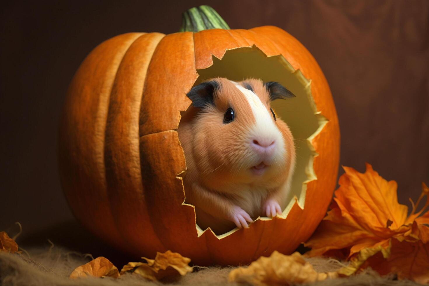 Funny guinea pig sits in the Halloween pumpkin and nibbles photo