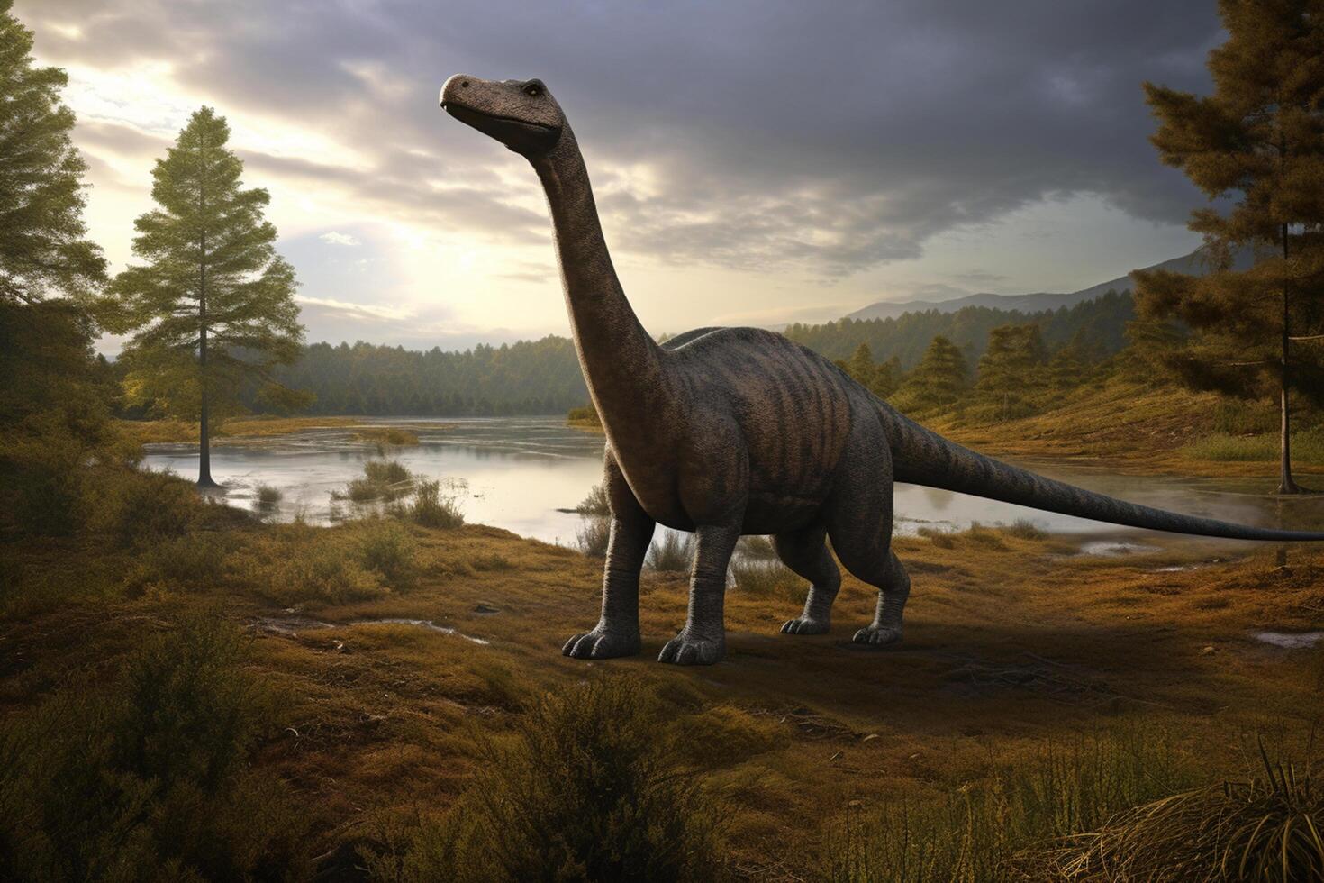 Graceful Giants Roaming the Prehistoric Realm Realistic Illustration Showcasing the Diplodocus in a Serene Prehistoric Landscape photo