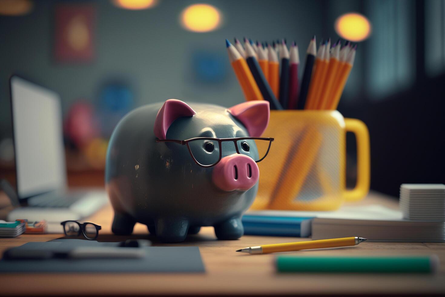 Saving for Education Piggy Bank with School Supplies in the Background photo