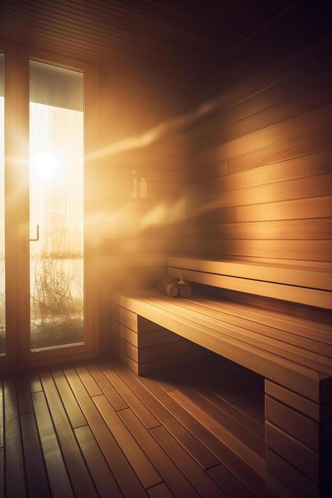 sereno sauna oasis calentar de madera interior bañado en luz de sol ai generado foto