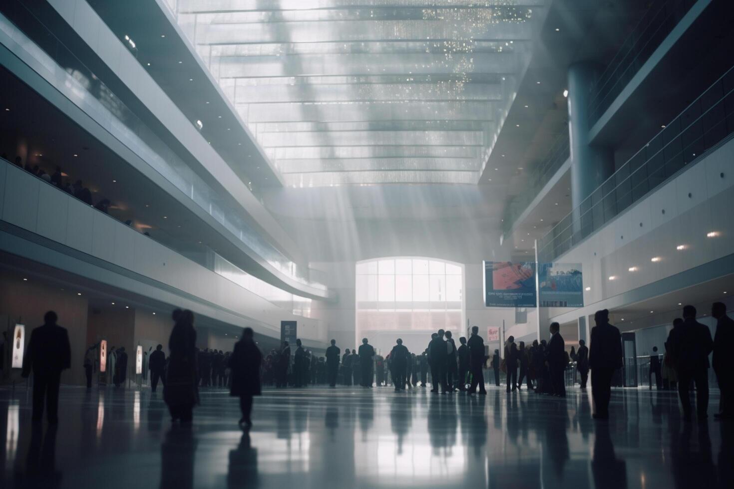 Bustling Conference Hall Waiting Area and Entrance Hall with Blurred Businesspeople Coming and Going in Bright Ambience photo