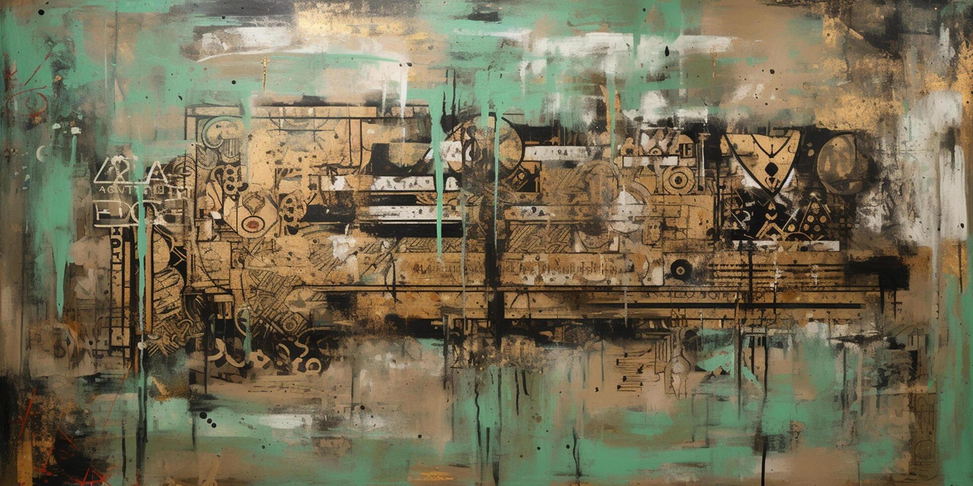 Industrial Elegance A Captivating Fusion of Collage and Paint in Large Canvas Paintings, Adorned with Turquoise and Sepia Tones photo