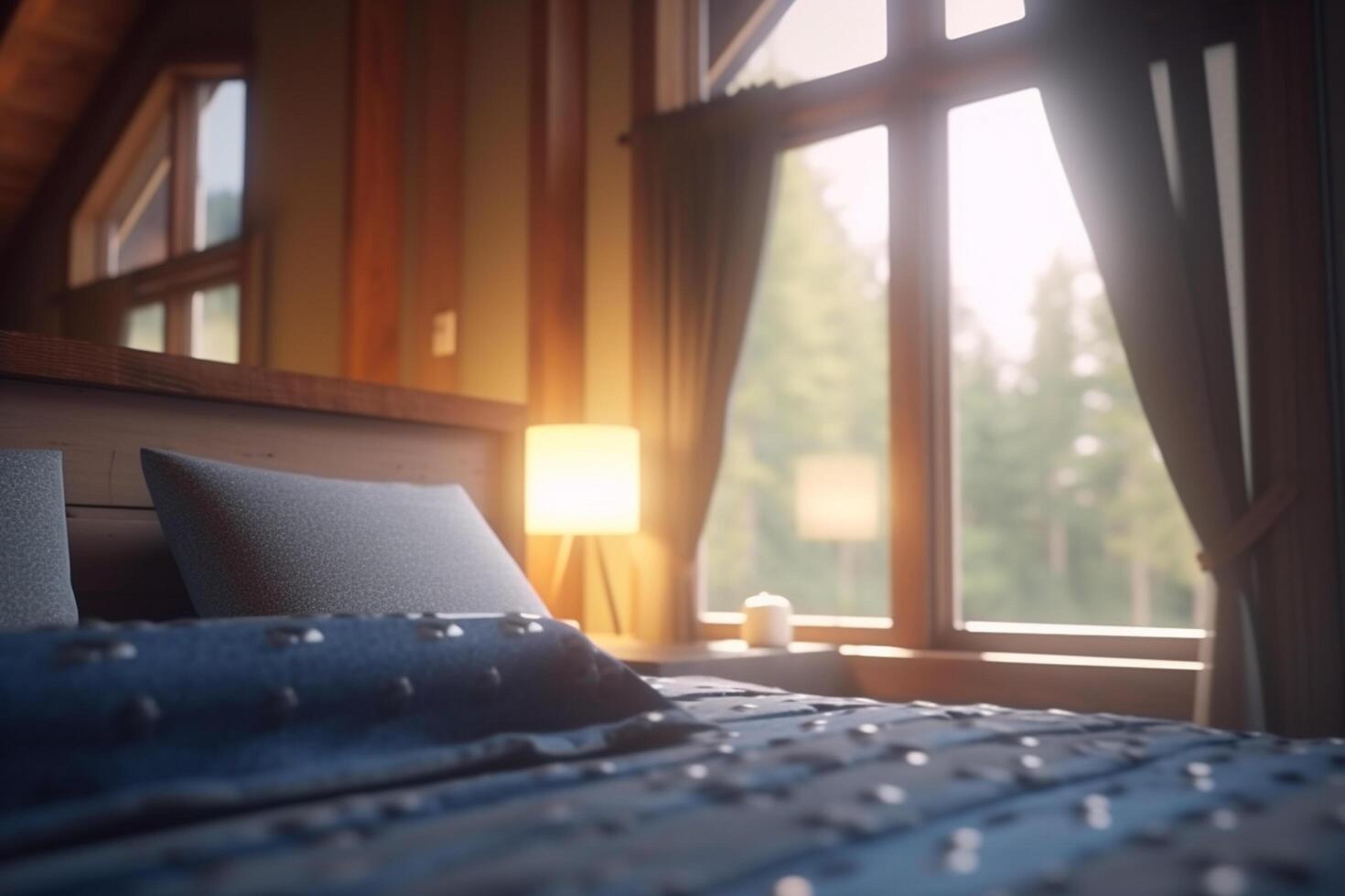 Morning View from Modern Wooden Cabin Hotel Room Overlooking Forested Mountains photo