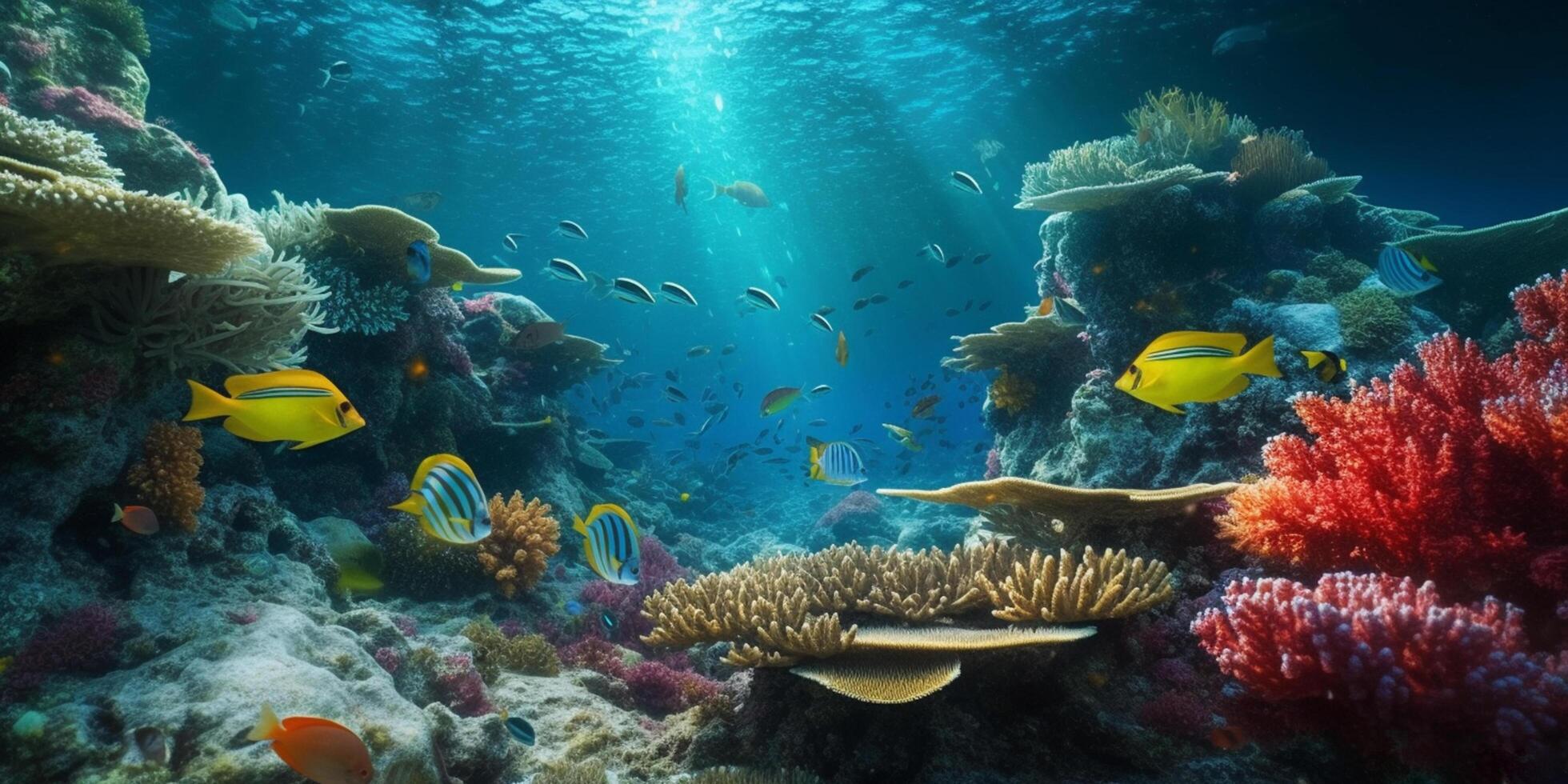 vistoso coral arrecife con pescado en claro azul agua, submarino fotografía ai generado foto