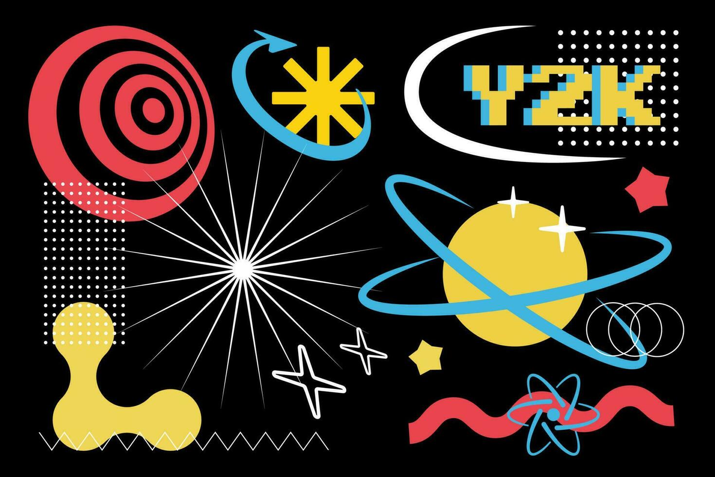 Trendy Y2K set of abstract retro elements, signs and symbols. Decorative vector objects in 2000s aesthetics.