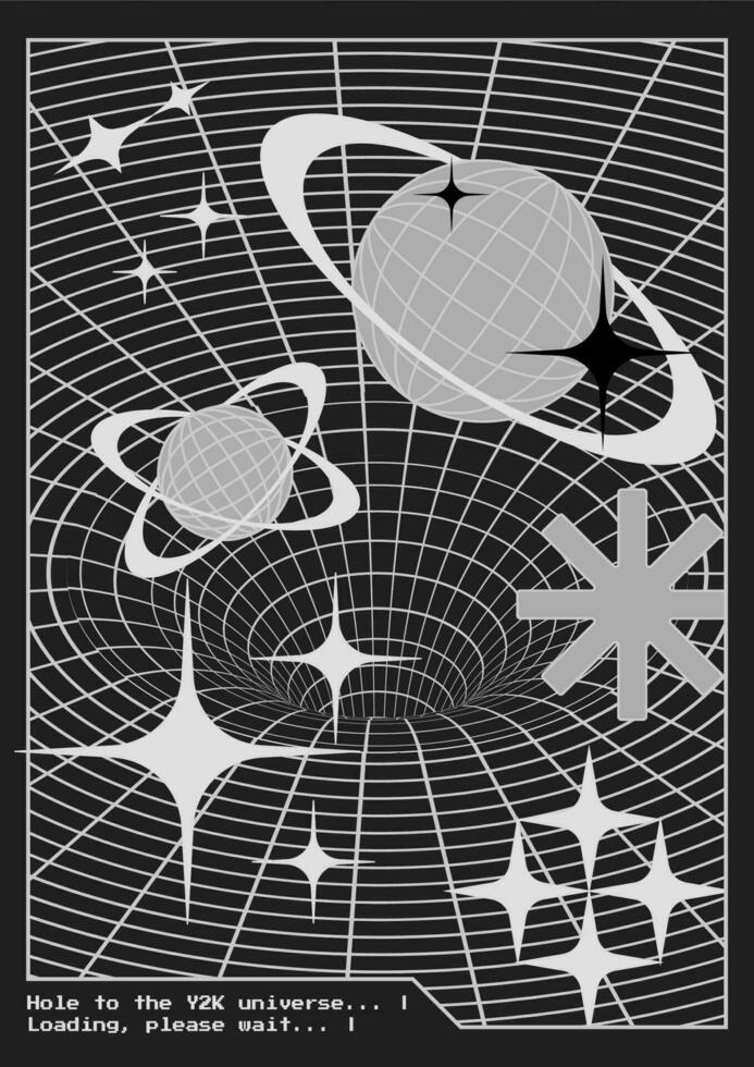 Trendy Y2K poster with 3d vector tunnel, planets, symbols and stars. Vertical banner in 2000s vintage aesthetic.