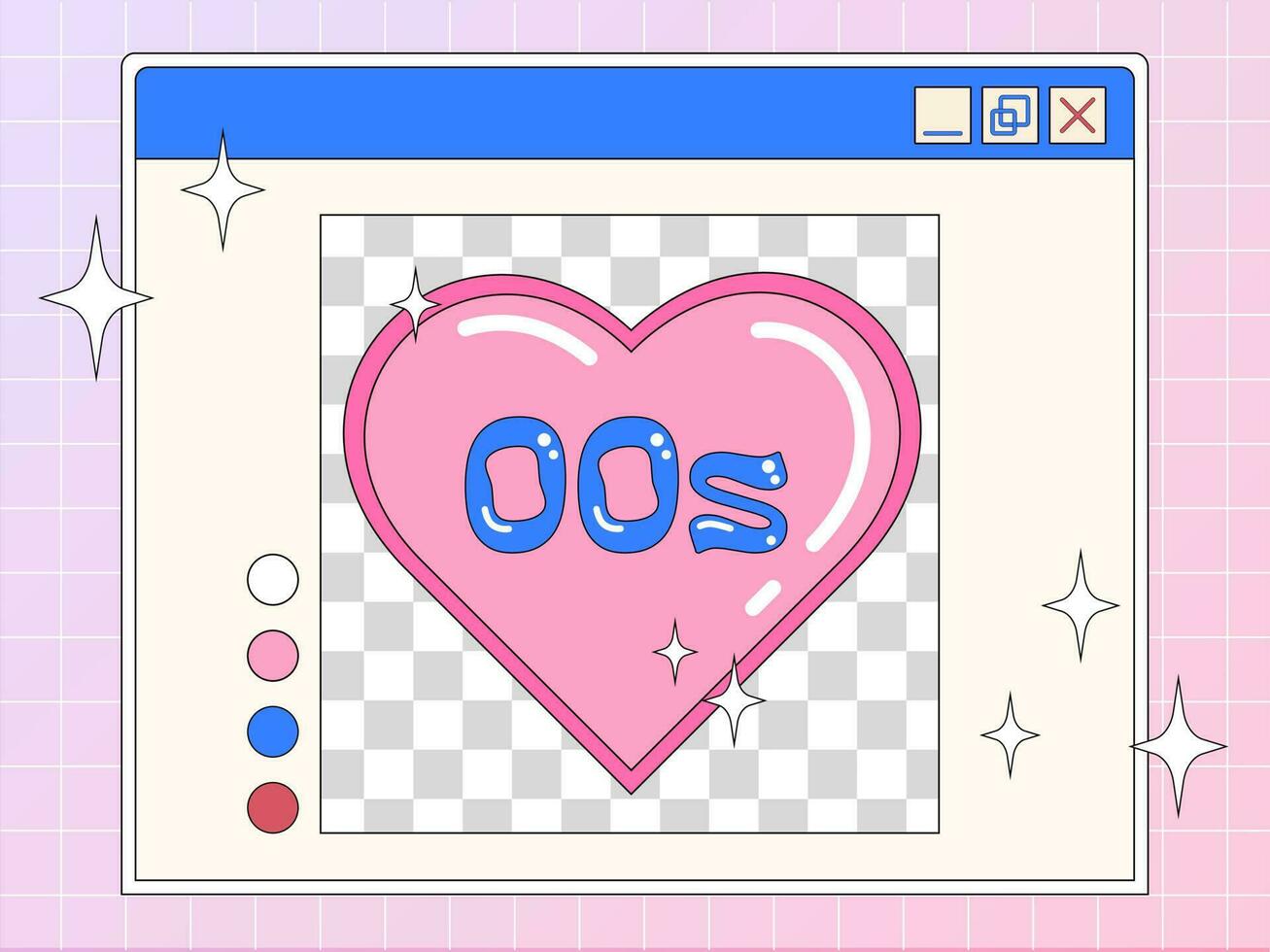 Trendy Y2k illustration of a retro computer window with cute pink heart, retro postcard, banner in 2000s aesthetic. vector