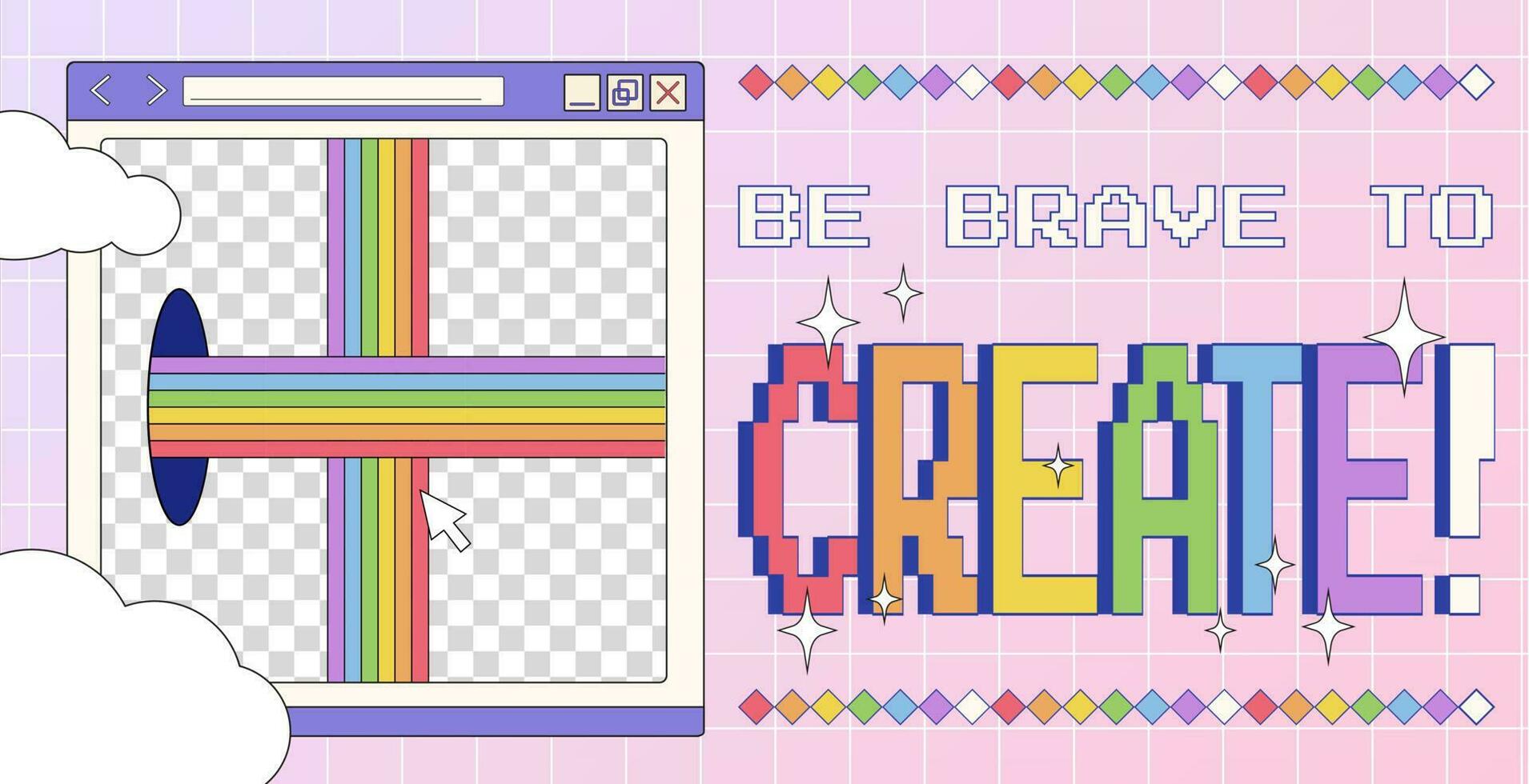 Trendy Y2K poster with retro computer window with rainbow and portals, futuristic motivational banner in 2000s aesthetic. vector