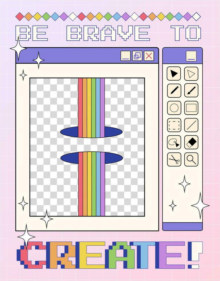 Trendy Y2K poster with retro computer window with rainbow and portals, futuristic motivational banner in 2000s aesthetic. vector