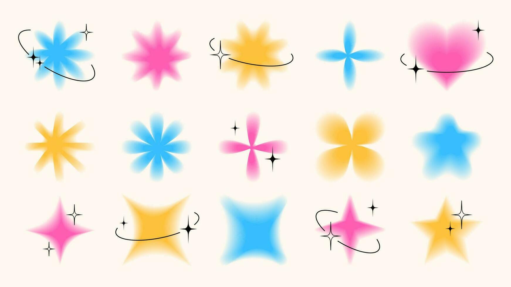 Trendy Y2K blurred objects, flowers, stars, heart and sparks. Group of retro graphic design elements with decorative stars and black frames. vector