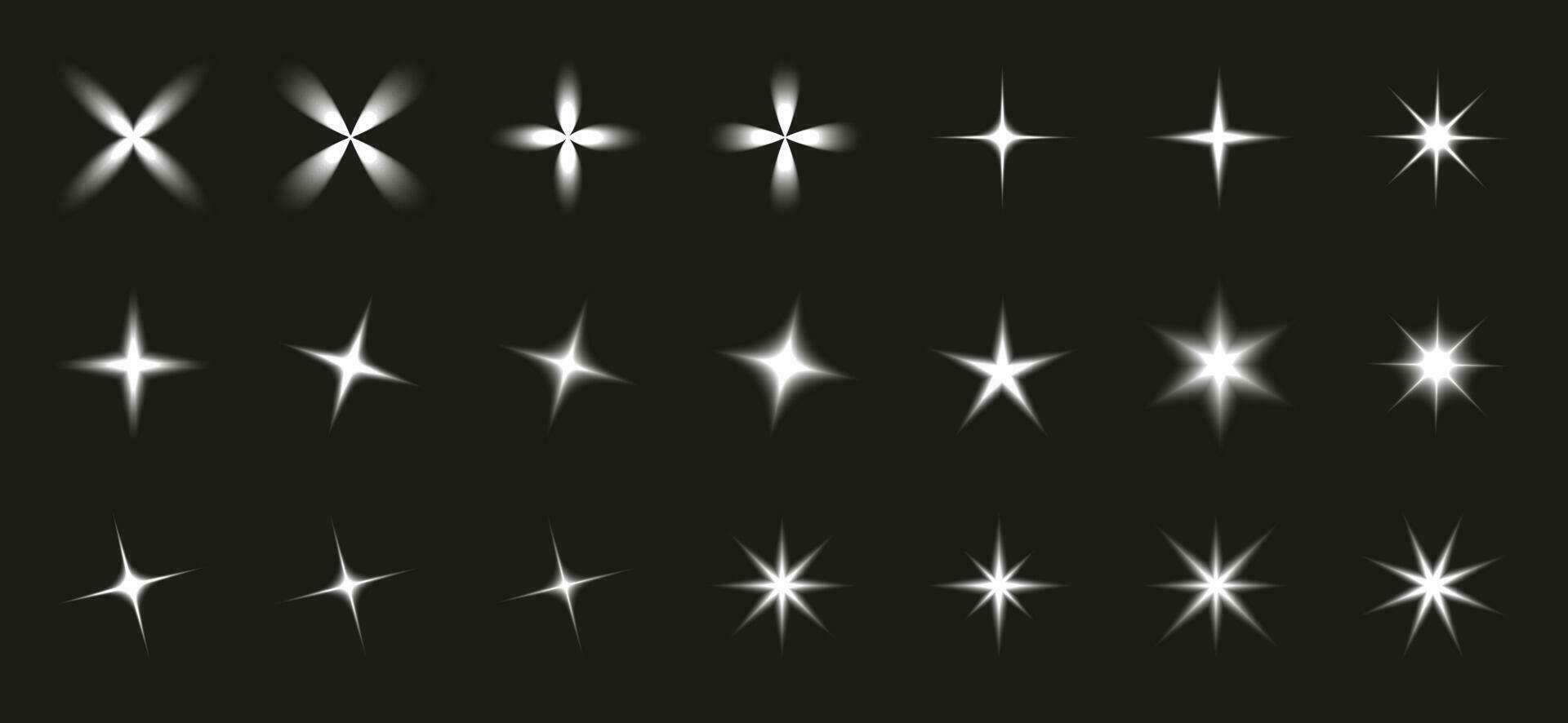 Collection of white glowing stars, Y2K blurred white shapes, glowing design vector elements.