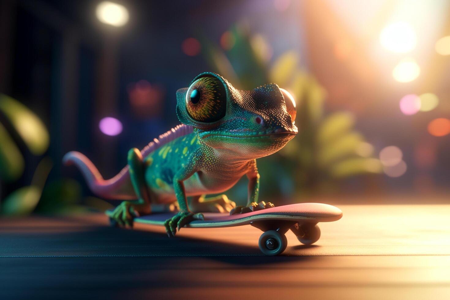 Skating through the city A cool photorealistic cartoon chameleon on a skateboard photo