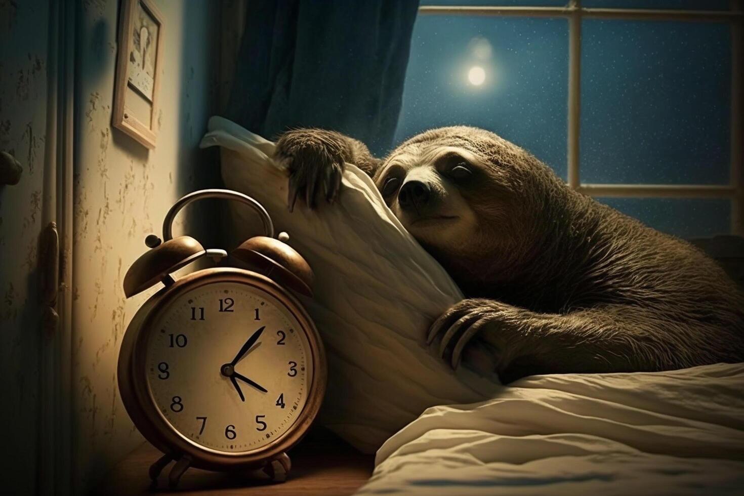 Tired and exhausted sloth lies in cozy bed in the evening photo