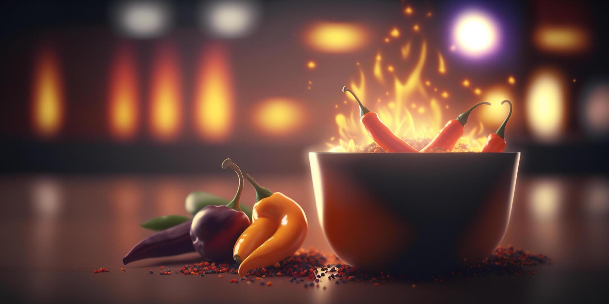 Illustration of Bowl of Chili with Chili Peppers, Flames and Fire photo