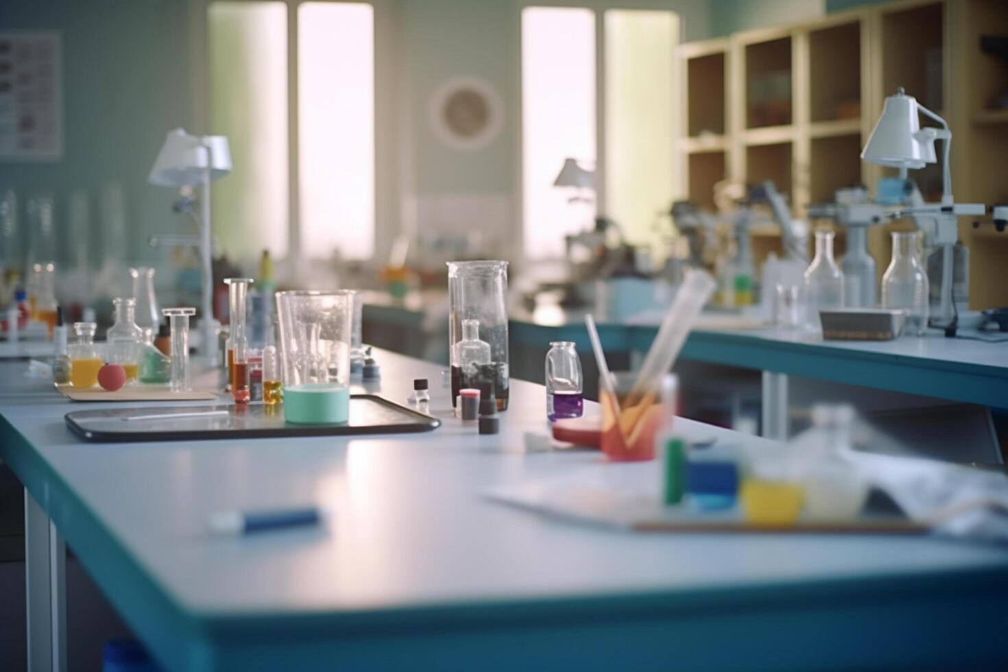 iluminado alto colegio química laboratorio con estudiantes conductible experimentos ai generado foto