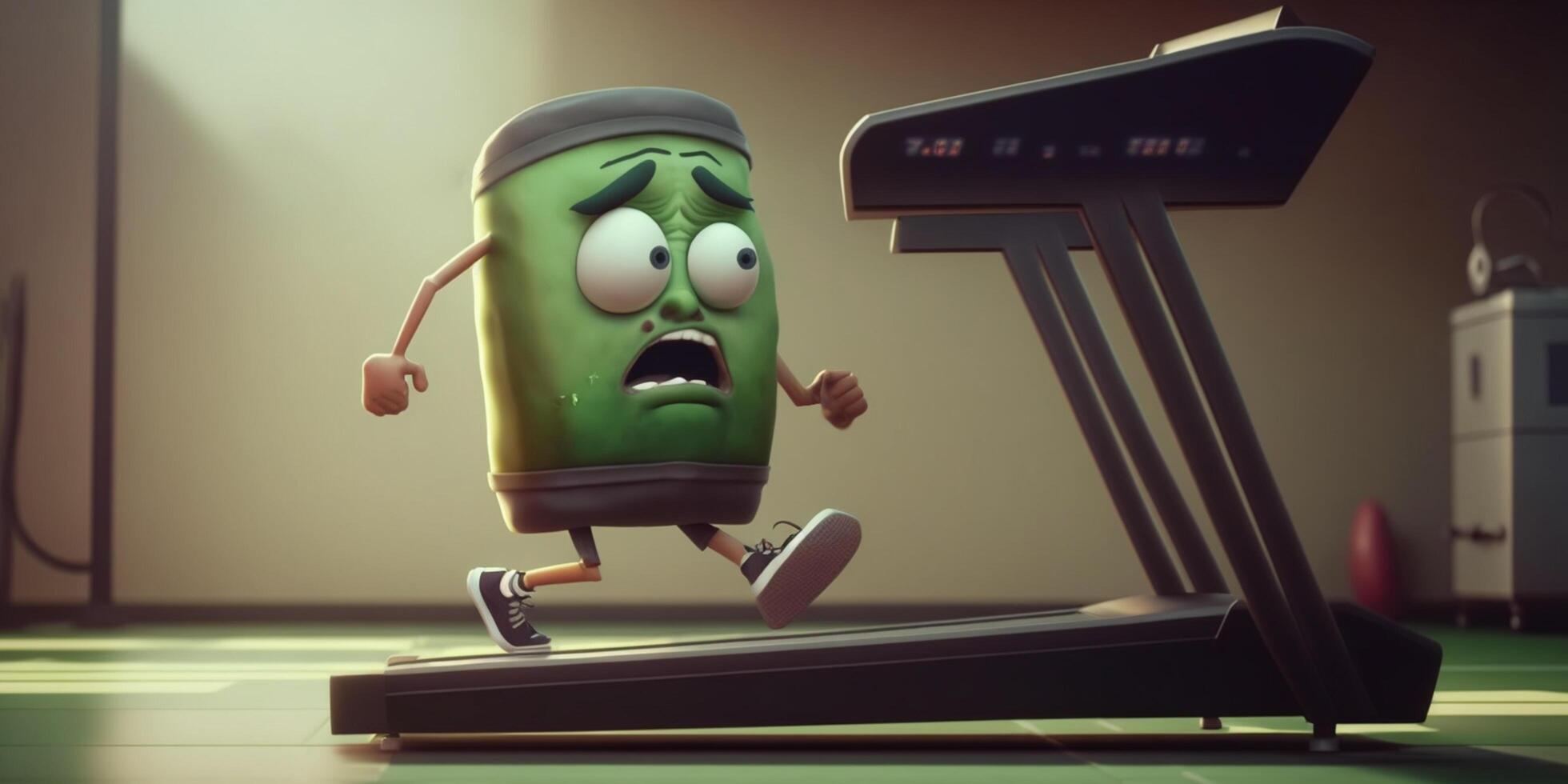 Hilarious cartoon character exercising on a treadmill illustration photo