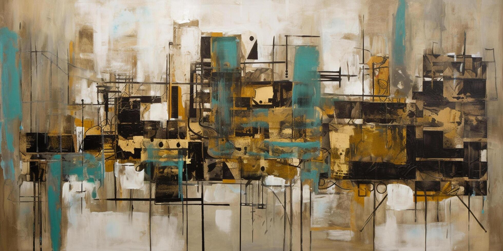 Industrial Elegance A Captivating Fusion of Collage and Paint in Large Canvas Paintings, Adorned with Turquoise and Sepia Tones photo