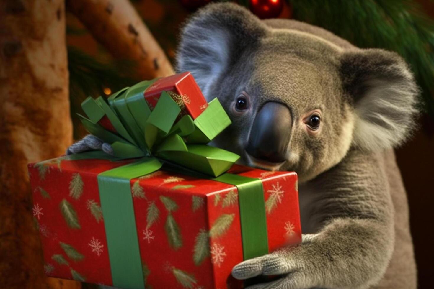 Koala sits between Christmas presents on Christmas Eve Content photo