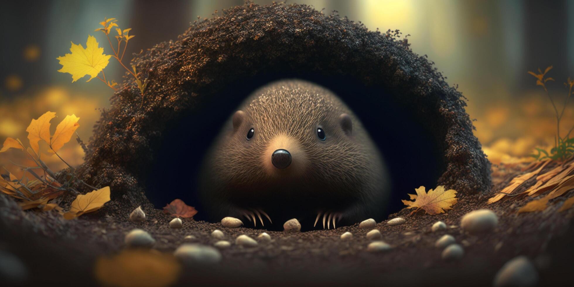 Curious mole peeks out of his burrow surrounded by autumn leaves photo