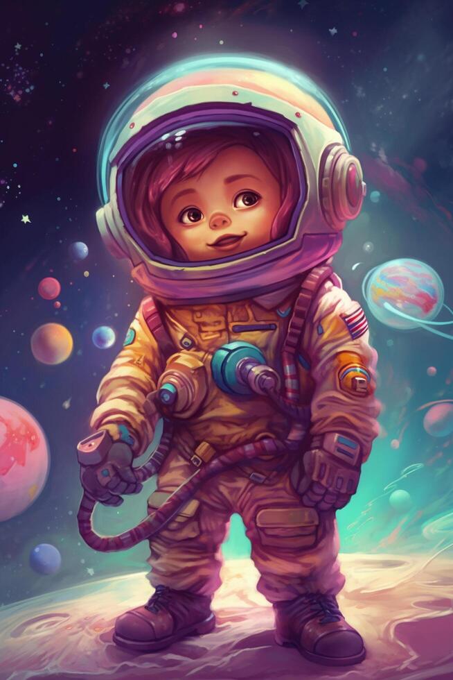 el pequeño astronauta un mágico aventuras en negrita colores y cómic estilo ai generado foto