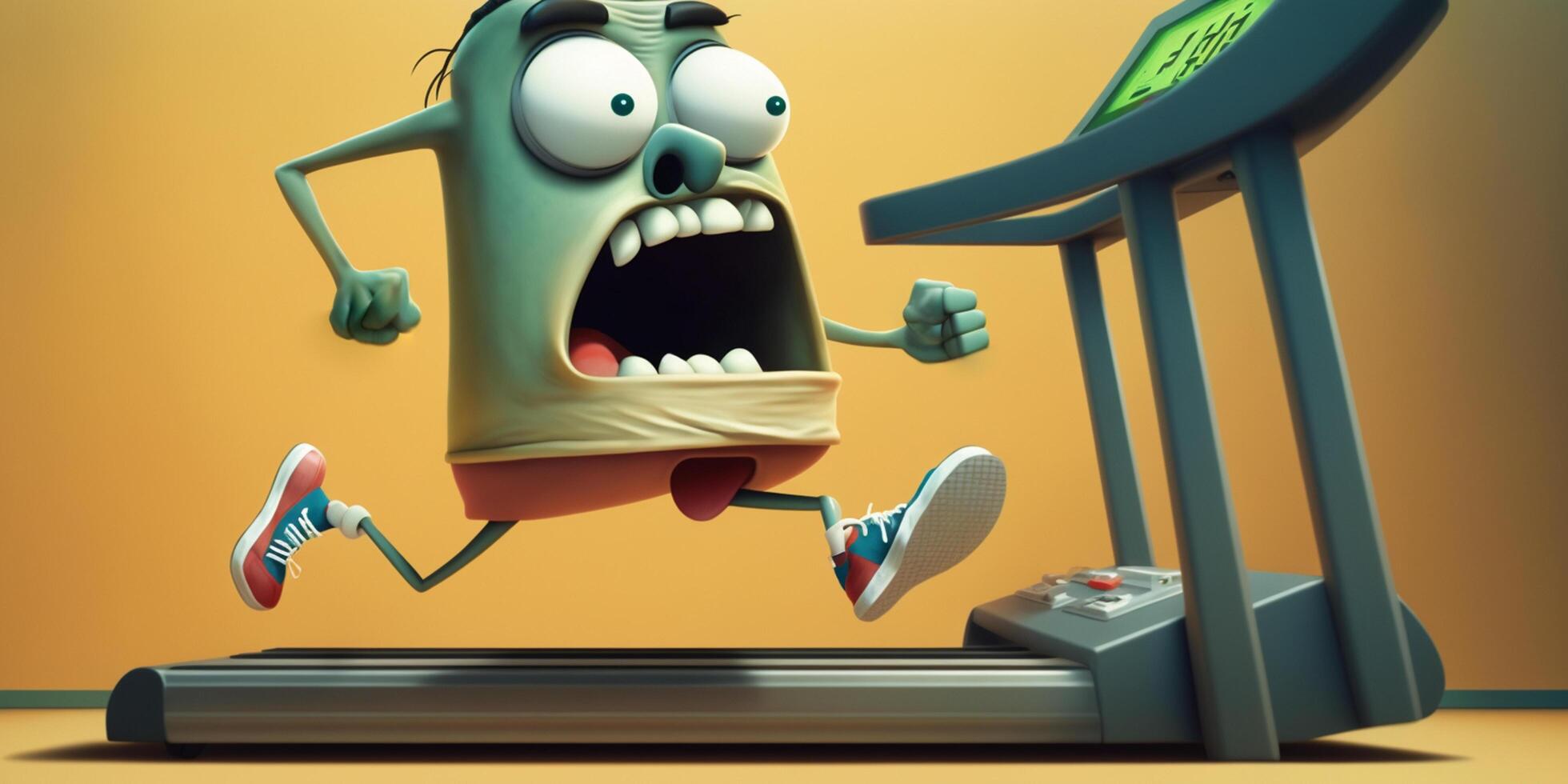 Hilarious cartoon character exercising on a treadmill illustration photo