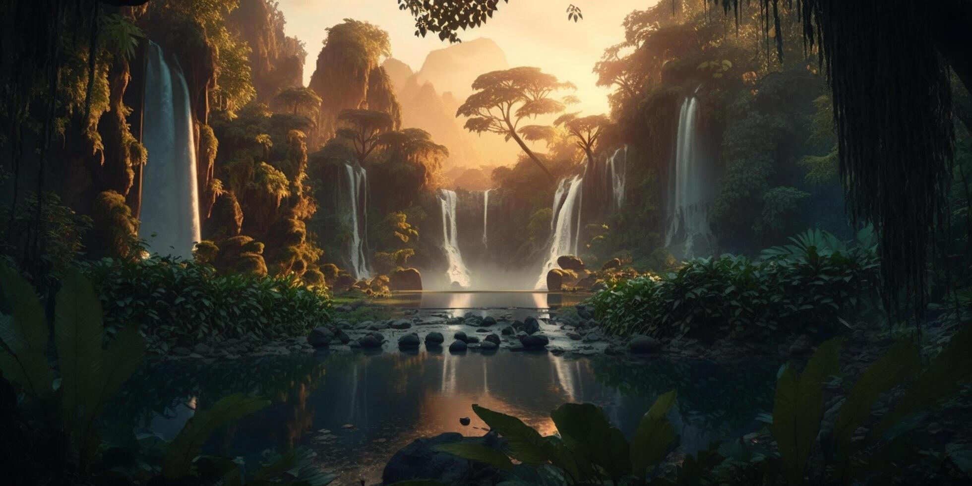 Illustration of a tropical waterfall in the rainforest at sunset content photo