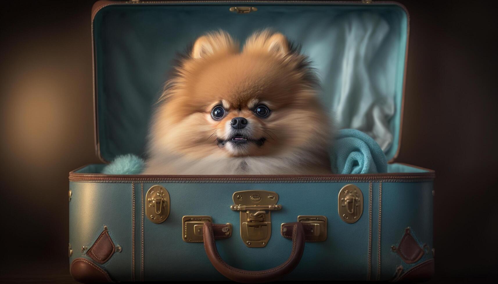 Listo para el viaje adorable pomeranio perro sentado en un maleta ai generado foto