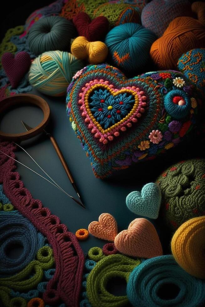 Crocheted Heart with Crochet Accessories on Wooden Table photo