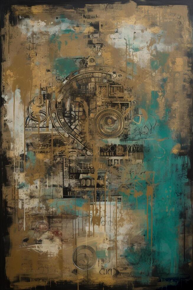 Industrial Elegance A Captivating Fusion of Collage and Paint in Large Canvas Paintings, Adorned with Turquoise and Sepia Tones photo
