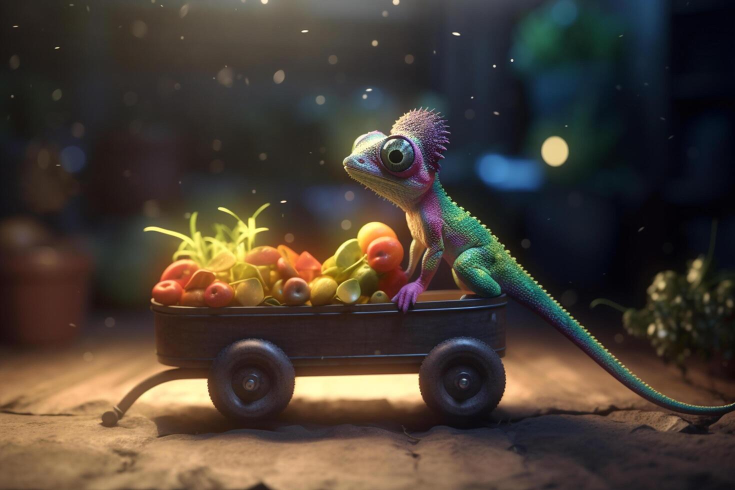 The vegetable harvester A funny photorealistic cartoon chameleon with a wheelbarrow full of vegetables photo