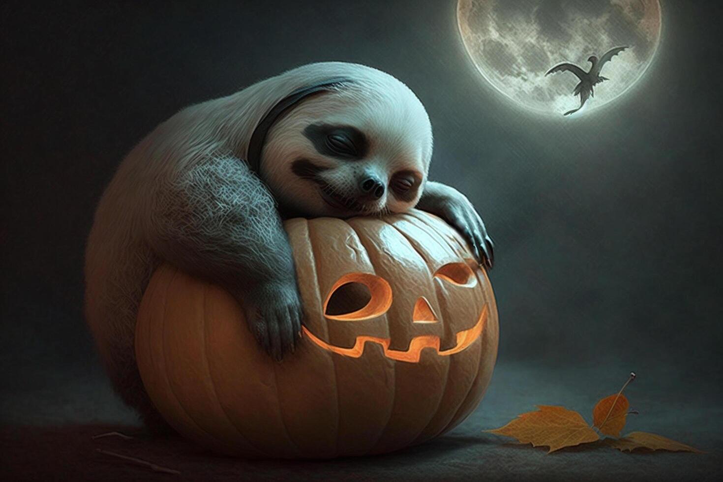 Exhausted tired sloth has fallen asleep on a Halloween pumpkin photo