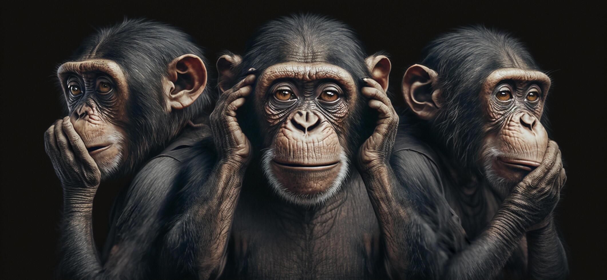 Illustration of 3 intelligent looking chimpanzee monkeys content photo