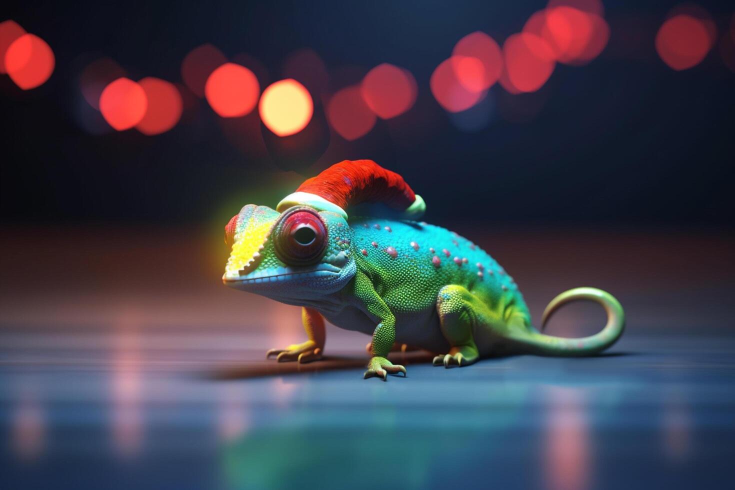 Festive Chameleon A Photorealistic Cartoon Reptile with a Santa Hat photo