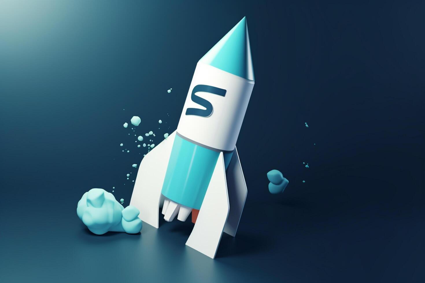 Symbolic 3D Rendering of White Rocket Model against Blue Background for Startup Concepts photo