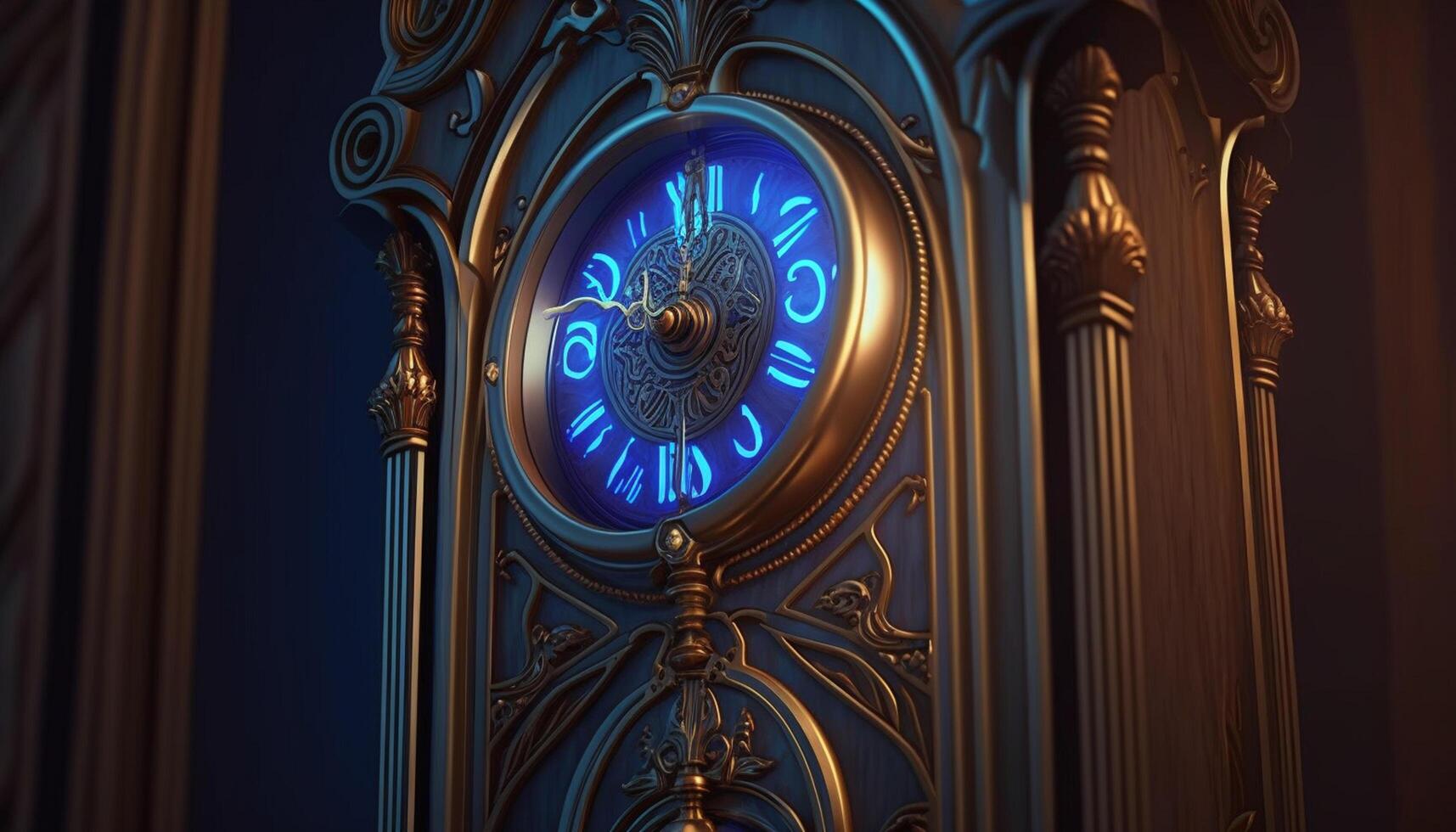 Chrono Portal Journey through Time with the Antique Clock's Mystical Glow and Symbols photo