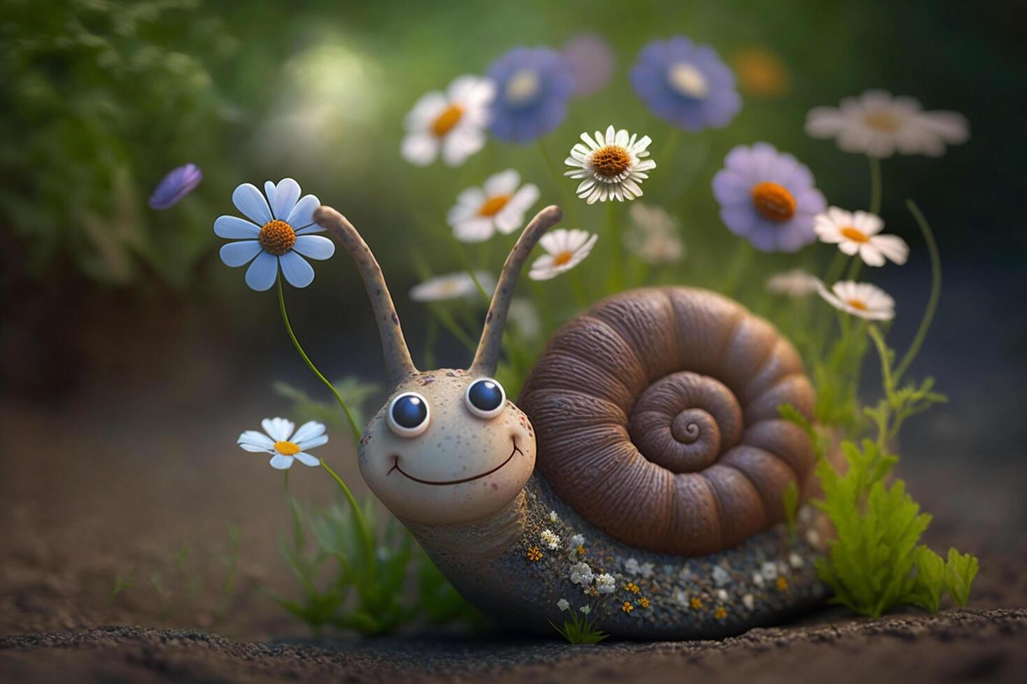 A funny snail among flowers in spring on a meadow photo