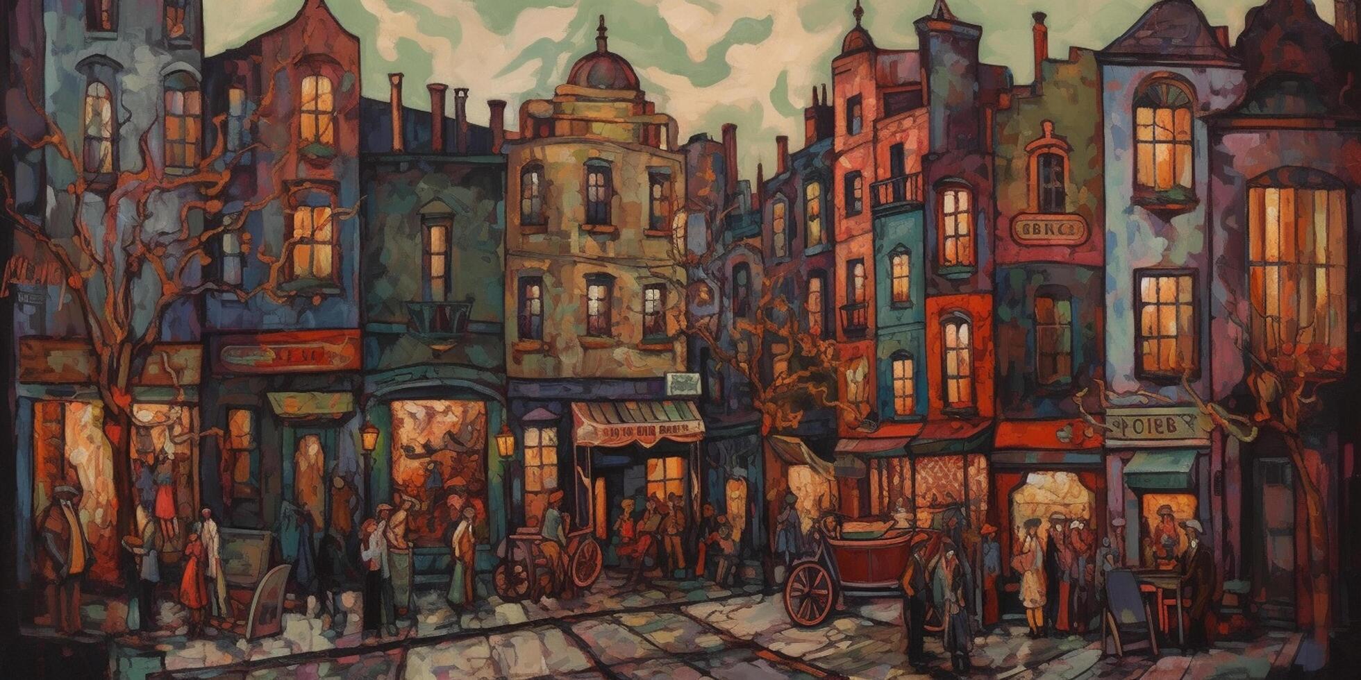 Vibrant city life in the roaring twenties Abstract depiction of bustling streets and colorful characters photo