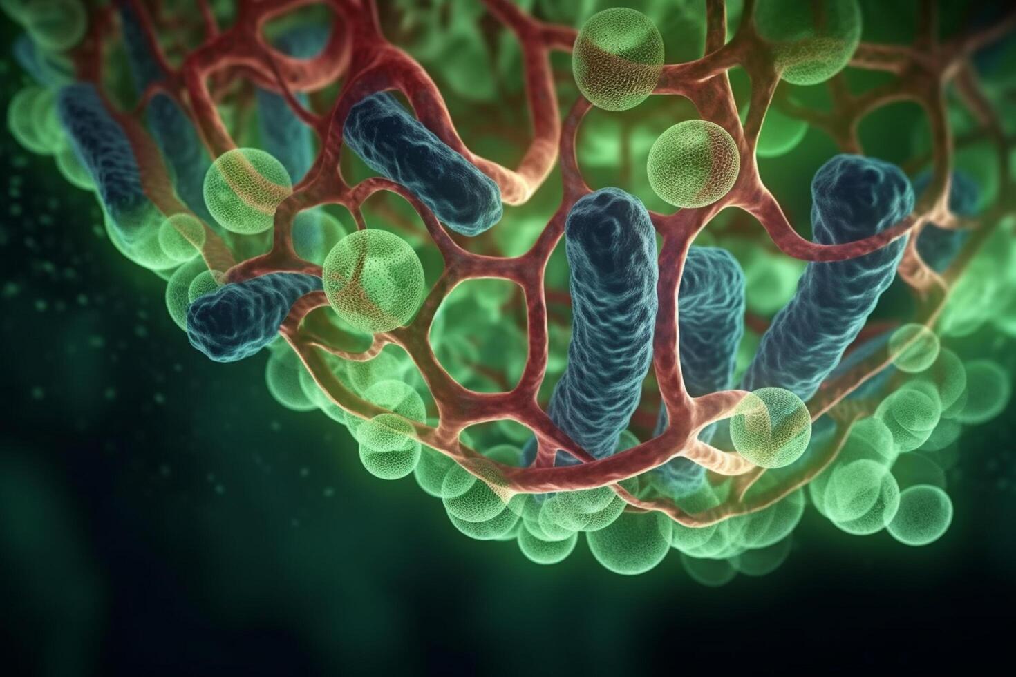 Vibrant 3D Illustration of the Biochemical Process of Cell Respiration with Mitochondria in Microscopic View photo