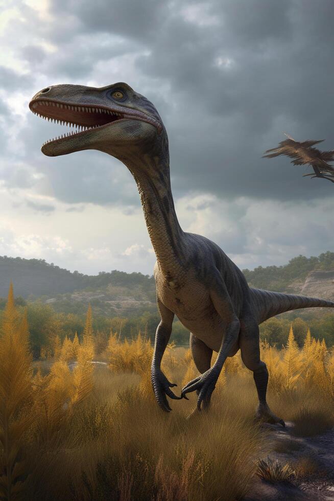 de rapaces dominio realista ilustración de velociraptor en sus primitivo habitat ai generado foto