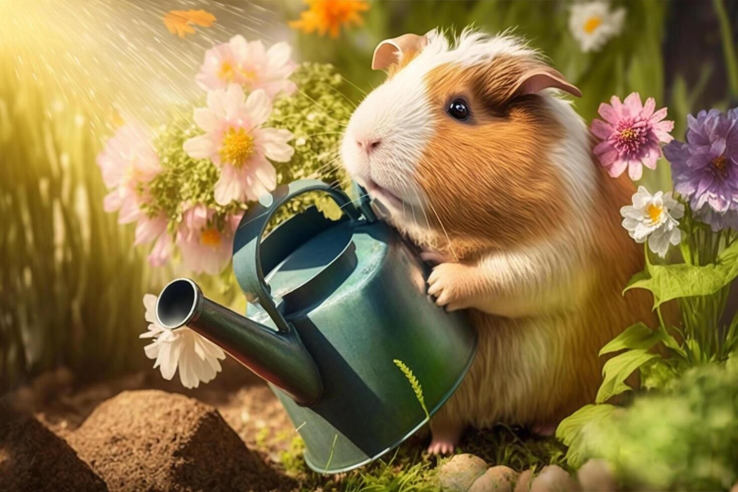 Funny guinea pig watering flowers with the watering can in the garden
