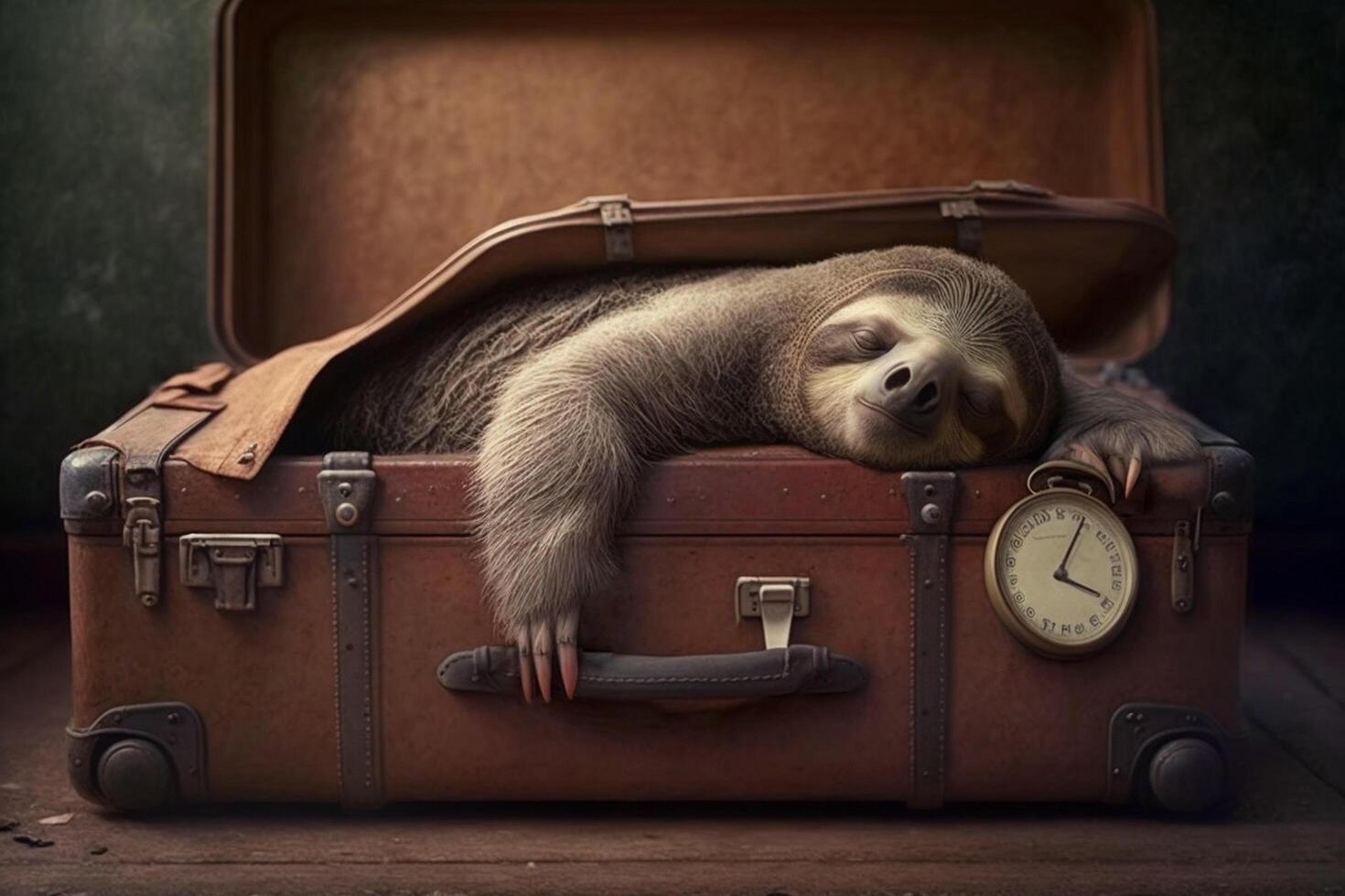 happy and tired sloth sleeps in a travel case leather suitcase and travels to a dream world photo
