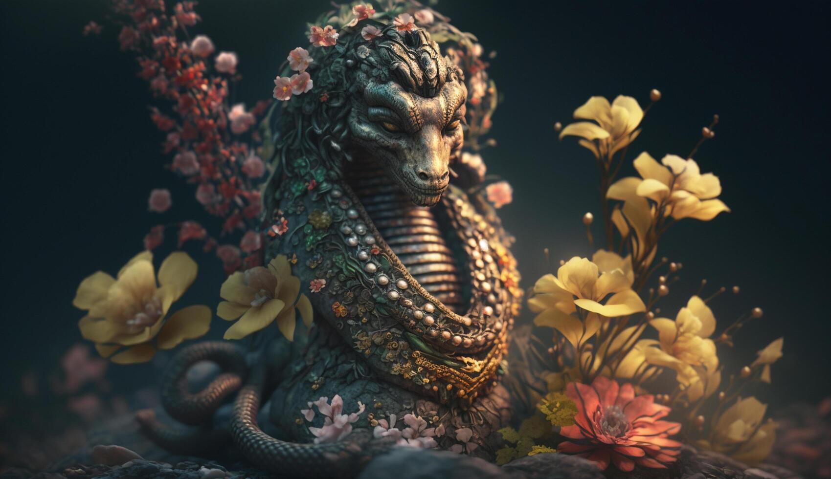 Serpent Deity Intricately Carved Sculpture of Indian Snake God Adorned with Flowers and Offerings photo