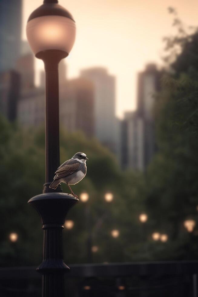 Urban Wildlife Majestic Bird on a City Lamp Post at Dusk photo