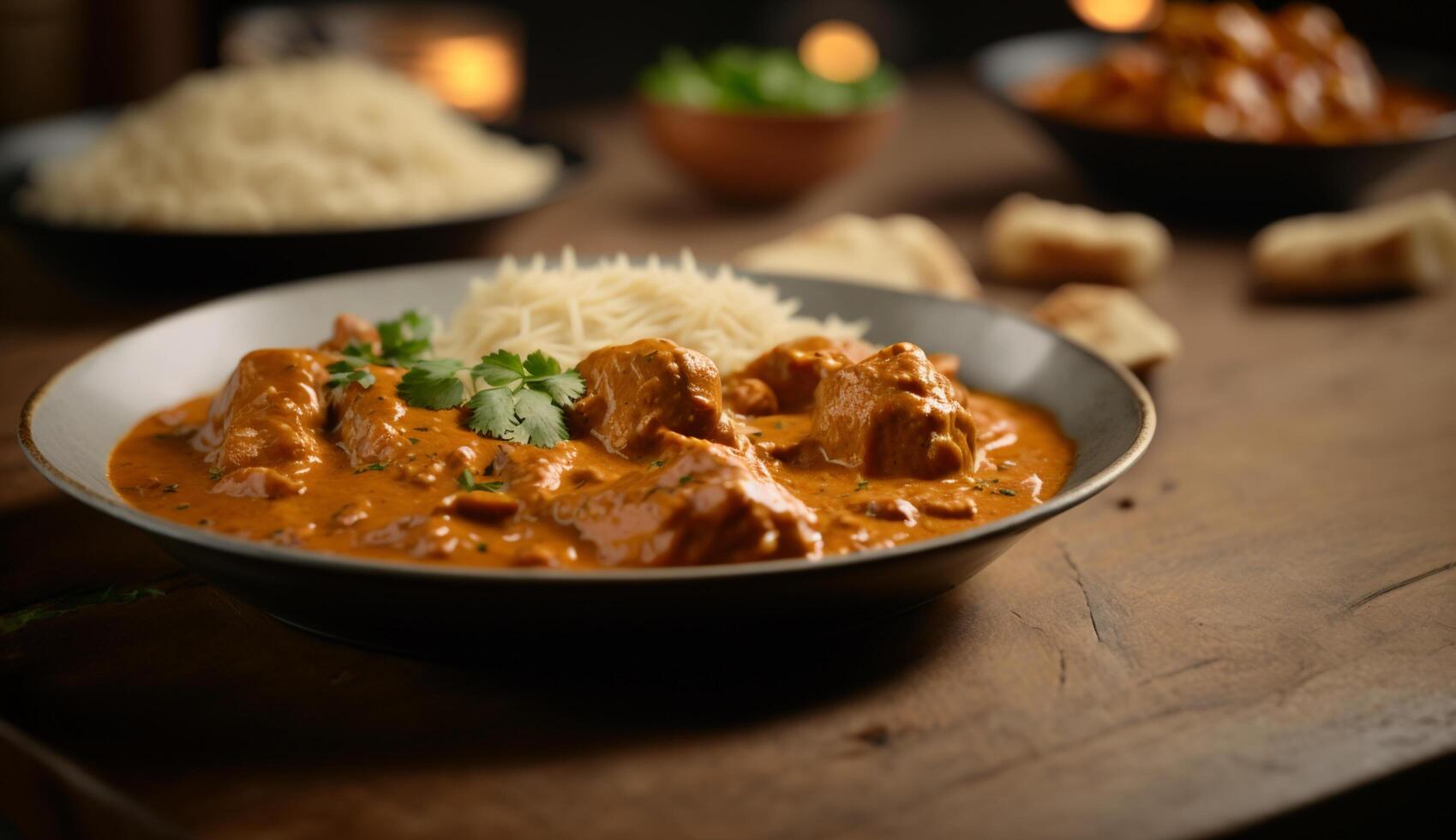 Sizzling Butter Chicken, Aromatic Indian Dish, Steaming on Dark Background photo