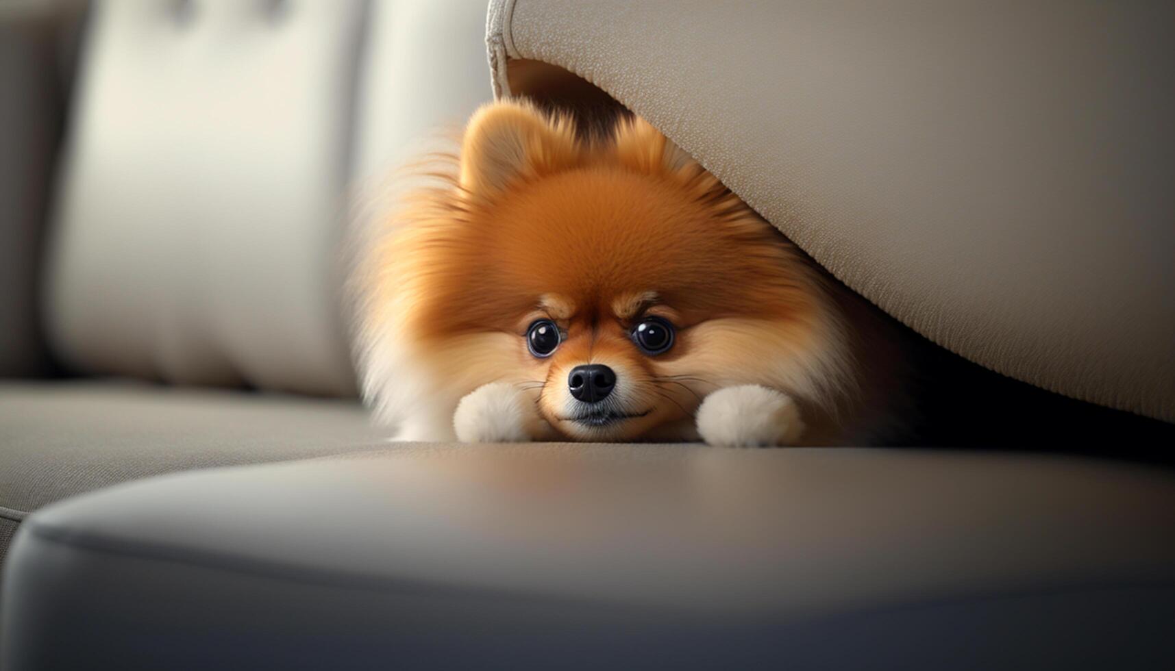 Cozy Pomeranian Pup Taking a Relaxing Couch Nap photo