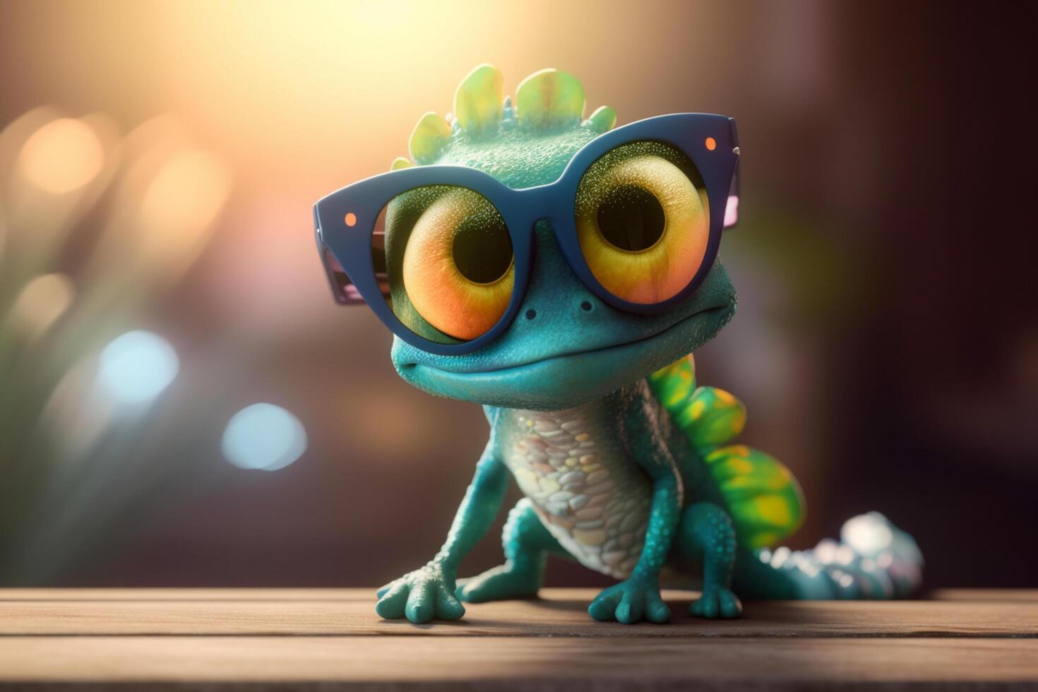 Smart and Sassy A Photorealistic Green Cartoon Chameleon Wearing Glasses against a Blurred Background photo